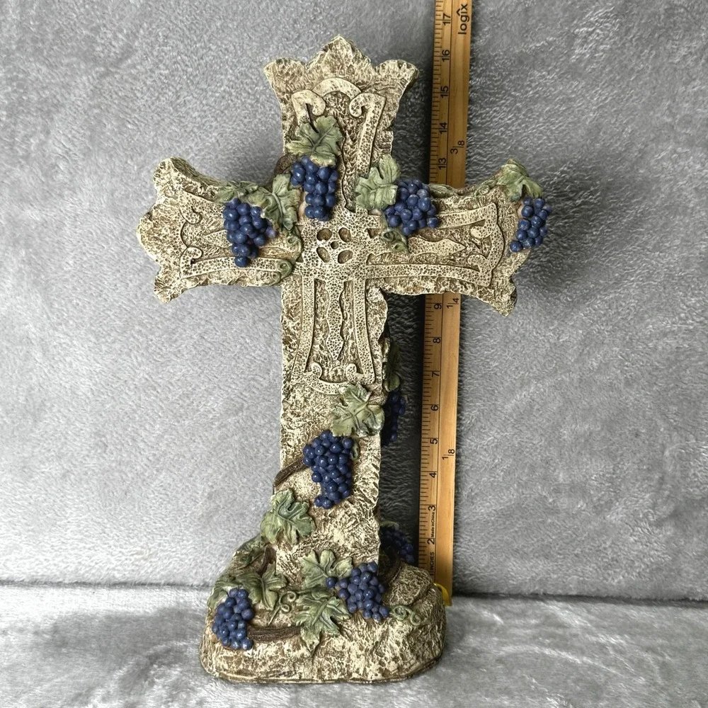 Decorative Grapevine Cross Resin Faux Stone Christian Large Tabletop 16